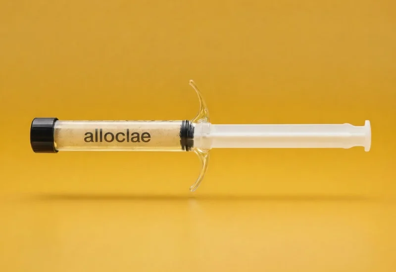 alloClae injectable allograft syringe on a yellow background